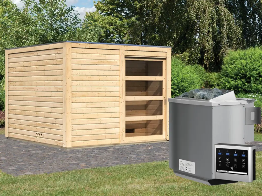 Populair Saunahuis Cuben 38 mm blank hout incl. 9 kW Bio-Combi-kachel ext. besturing