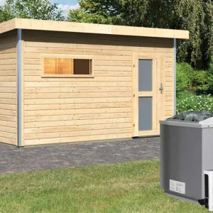 Saunahuis Skrollan 3 met matglazen deur & voorkamer, incl. 9 kW Bio-Combi-kachel met ext. besturing Exclusieve Aanbieding
