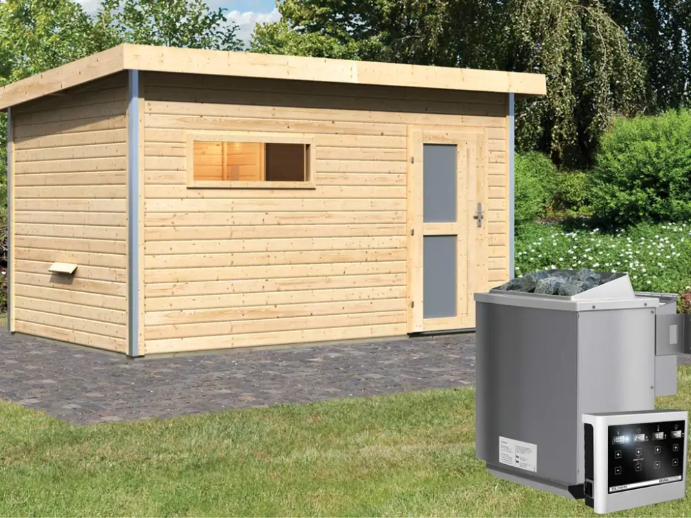 Saunahuis Skrollan 3 met matglazen deur & voorkamer, incl. 9 kW Bio-Combi-kachel met ext. besturing Exclusieve Aanbieding
