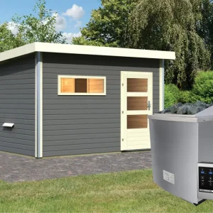 Tijdelijk Beschikbaar Saunahuis Skrollan 3 met moderne deur terragrijs + 9 kW saunakachel ext. besturing