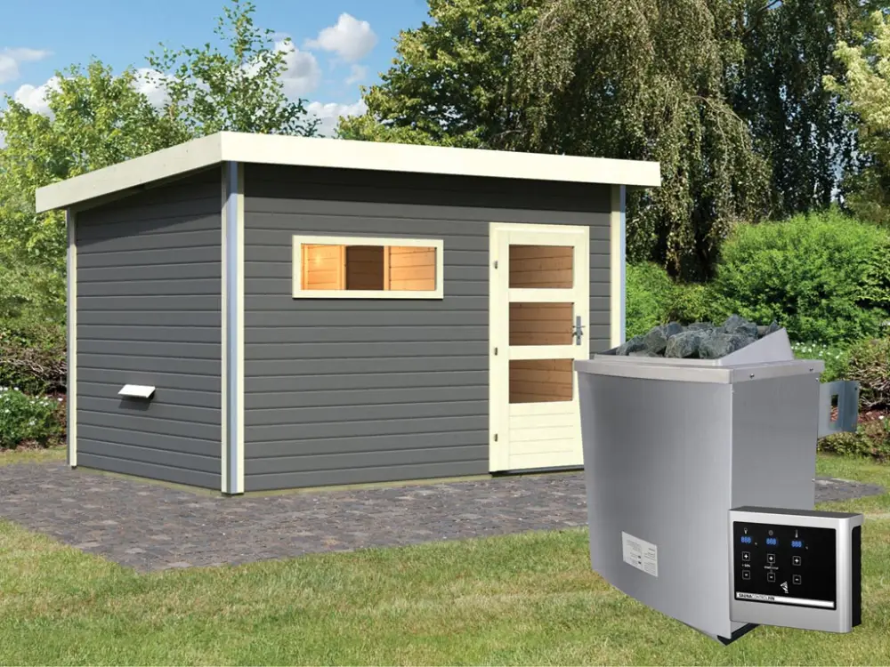 Tijdelijk Beschikbaar Saunahuis Skrollan 3 met moderne deur terragrijs + 9 kW saunakachel ext. besturing