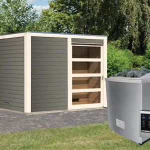 Nieuw Saunahuis Cuben 38 mm terragrijs incl. 9 kW saunakachel ext. besturing