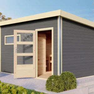 Saunahuis Skrollan 3 met moderne deur terragrijs + 9 kW Bio-Combi-kachel met ext. besturing Uitverkoop