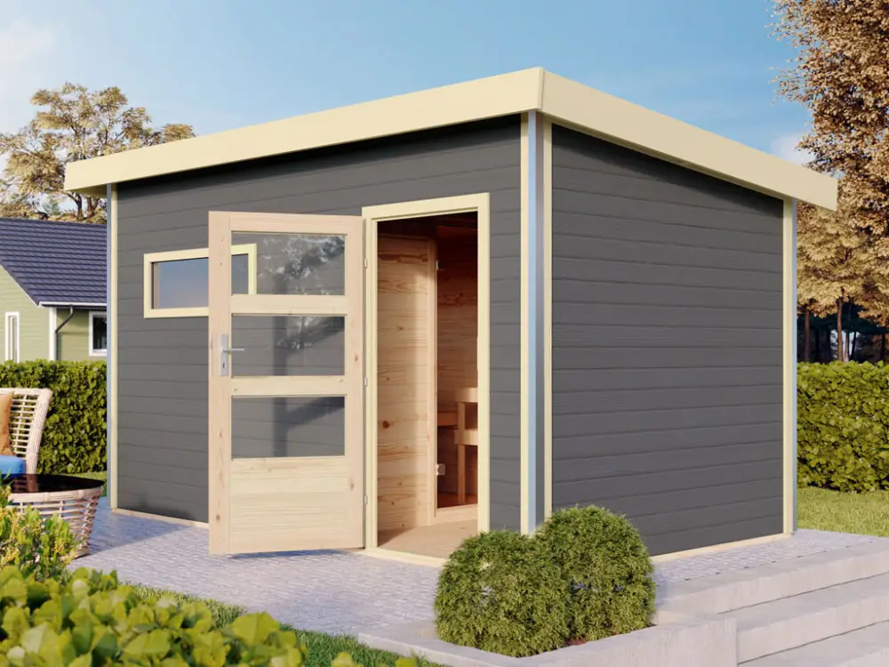Saunahuis Skrollan 3 met moderne deur terragrijs + 9 kW Bio-Combi-kachel met ext. besturing Uitverkoop