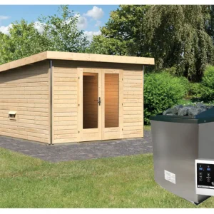 Premium Saunahuis Mainburg 1 blank hout 38 mm incl. klassieke saunakachel 9 kW + ext. besturing