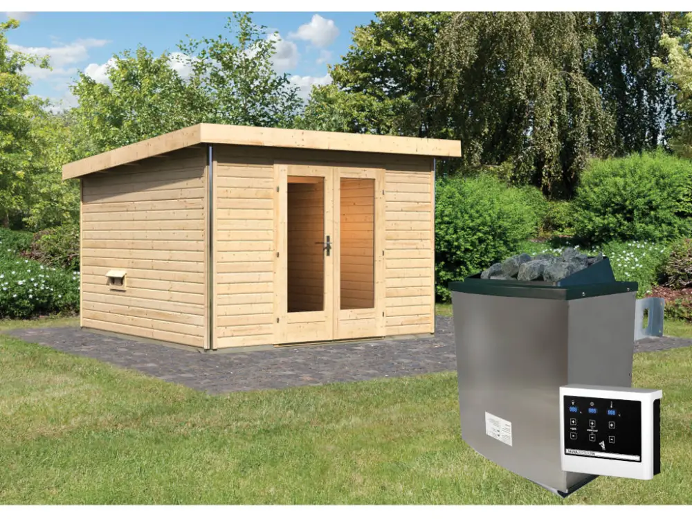 Premium Saunahuis Mainburg 1 blank hout 38 mm incl. klassieke saunakachel 9 kW + ext. besturing
