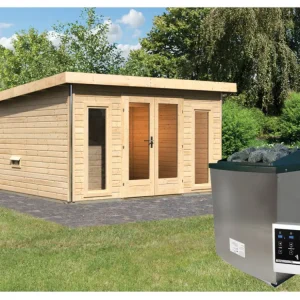 Hoge Kwaliteit Saunahuis Mainburg 2 blank hout 38 mm incl. klassieke saunakachel 9 kW + ext. besturing