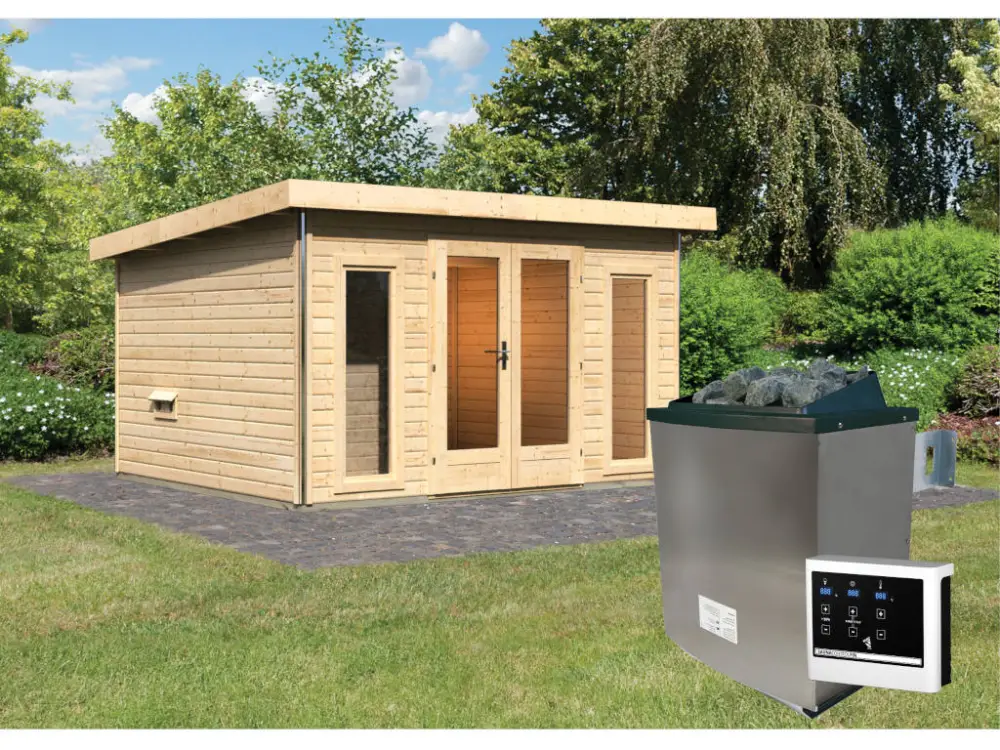 Hoge Kwaliteit Saunahuis Mainburg 2 blank hout 38 mm incl. klassieke saunakachel 9 kW + ext. besturing