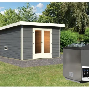 Beste Prijs Saunahuis Mainburg 1 terragrijs 38 mm incl. Bio-Combi-kachel 9 kW + ext. besturing