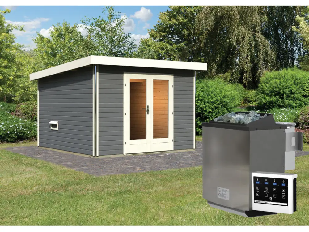 Beste Prijs Saunahuis Mainburg 1 terragrijs 38 mm incl. Bio-Combi-kachel 9 kW + ext. besturing