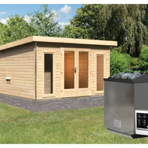 Goedkoop Saunahuis Mainburg 2 blank hout 38 mm incl. Bio-Combi-kachel 9 kW + ext. besturing
