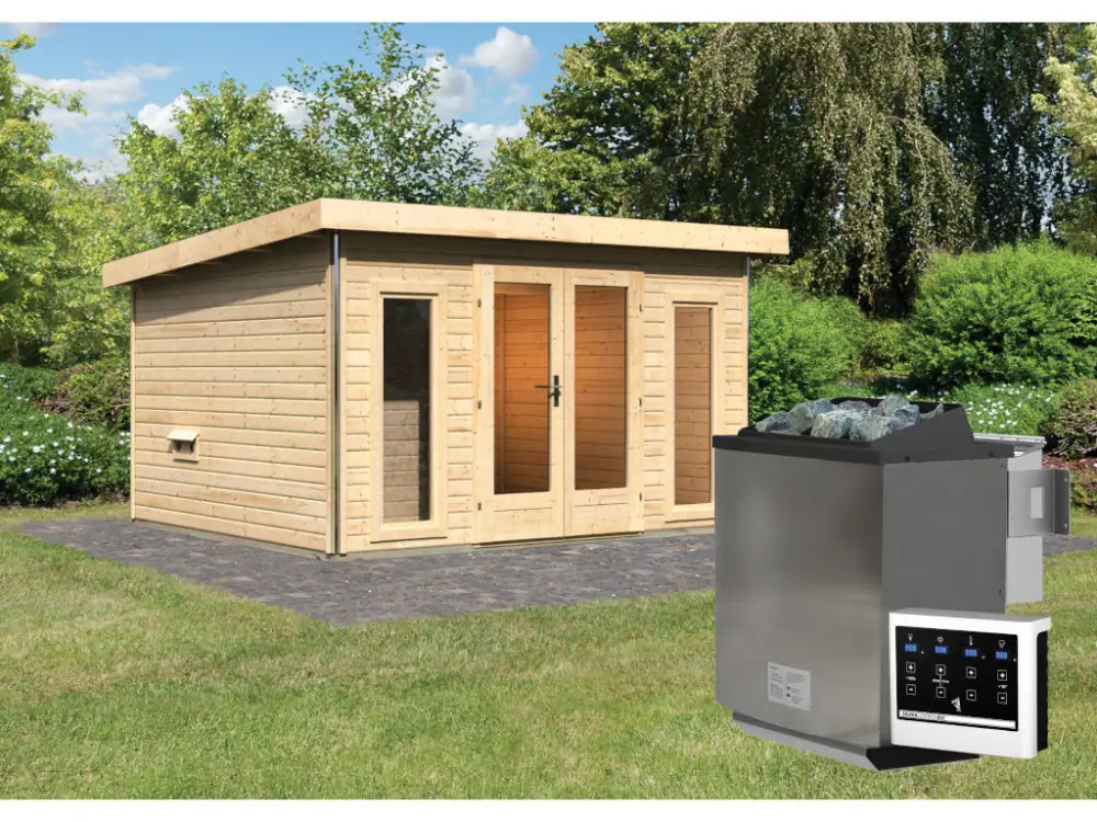 Goedkoop Saunahuis Mainburg 2 blank hout 38 mm incl. Bio-Combi-kachel 9 kW + ext. besturing
