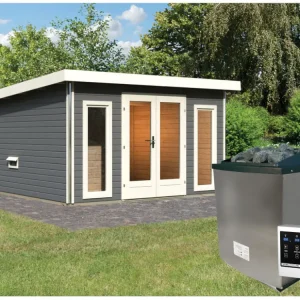 Saunahuis Mainburg 2 terragrijs 38 mm incl. Bio-Combi-kachel 9 kW + ext. besturing Nu Kopen