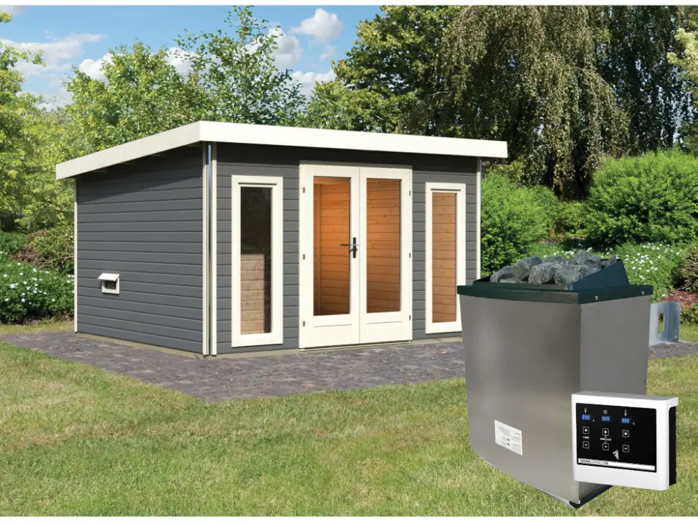 Saunahuis Mainburg 2 terragrijs 38 mm incl. Bio-Combi-kachel 9 kW + ext. besturing Nu Kopen