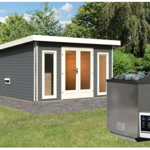 Merkproduct Saunahuis Mainburg 2 terragrijs 38 mm incl. Bio-Combi-kachel 9 kW + ext. besturing