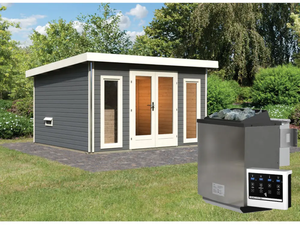 Merkproduct Saunahuis Mainburg 2 terragrijs 38 mm incl. Bio-Combi-kachel 9 kW + ext. besturing