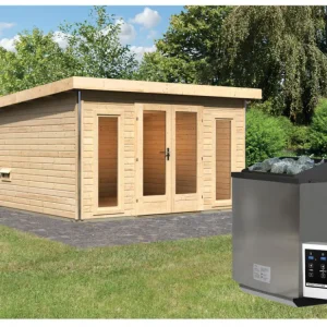Bestel Nu Saunahuis Mainburg 3 blank hout 38 mm incl. Bio-Combi-kachel 9 kW + ext. besturing