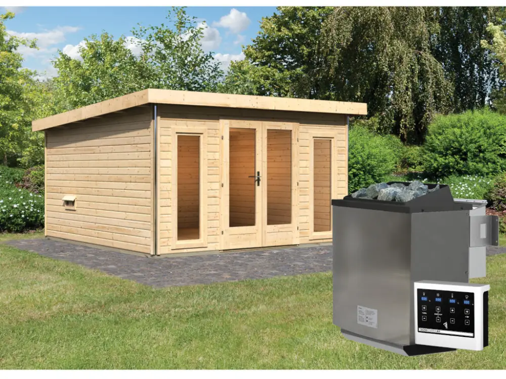 Bestel Nu Saunahuis Mainburg 3 blank hout 38 mm incl. Bio-Combi-kachel 9 kW + ext. besturing