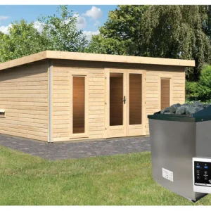 Saunahuis Mainburg 5 blank hout 38 mm incl. klassieke saunakachel 9 kW + ext. besturing Uitverkoop