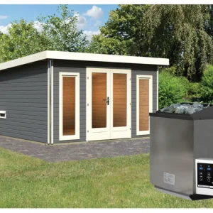 Saunahuis Mainburg 3 terragrijs 38 mm incl. Bio-Combi-kachel 9 kW + ext. besturing Weekendaanbieding