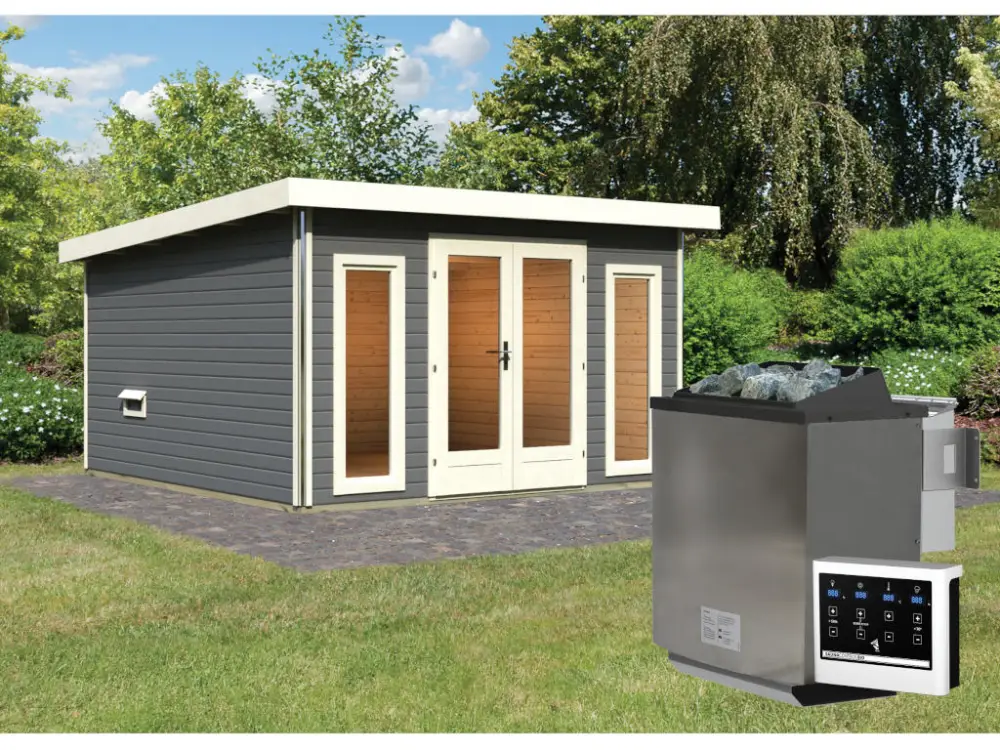 Saunahuis Mainburg 3 terragrijs 38 mm incl. Bio-Combi-kachel 9 kW + ext. besturing Weekendaanbieding