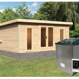 Saunahuis Mainburg 5 blank hout 38 mm incl. klassieke saunakachel 9 kW + ext. besturing Nu Kopen