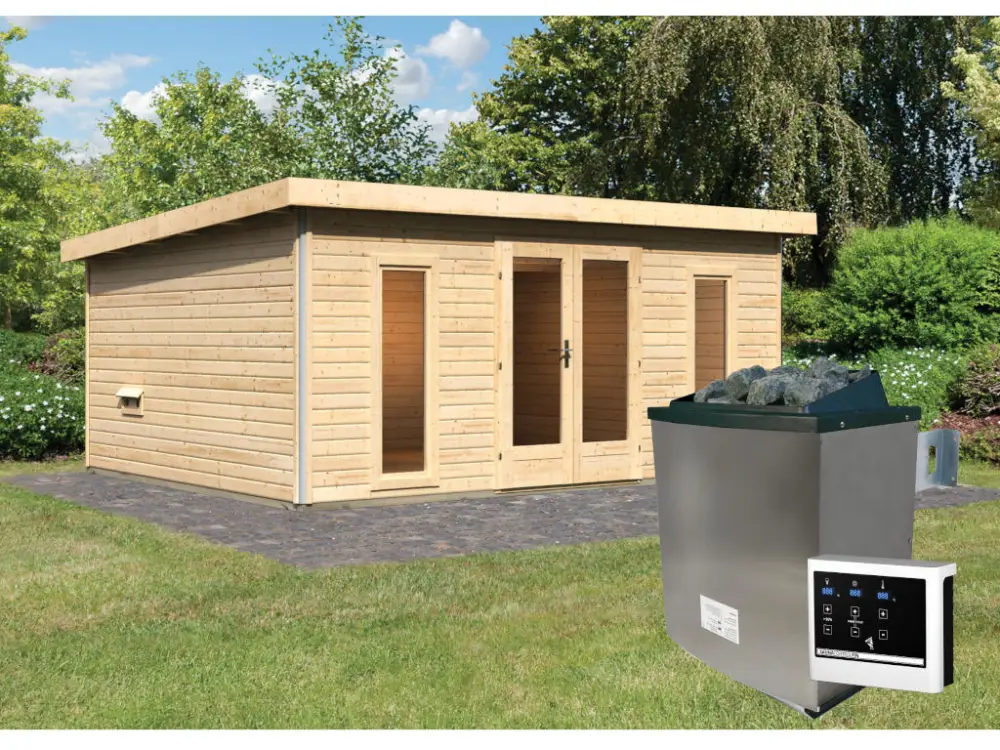Saunahuis Mainburg 5 blank hout 38 mm incl. klassieke saunakachel 9 kW + ext. besturing Nu Kopen