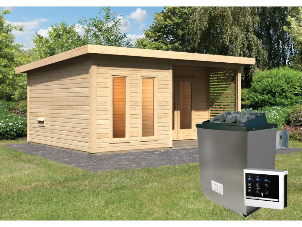 Saunahuis Mainburg 5 blank hout 38 mm incl. klassieke saunakachel 9 kW + ext. besturing Aanbieding