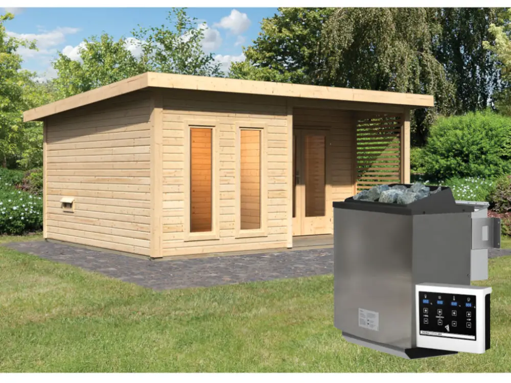 Bestseller Saunahuis Mainburg 5 blank hout 38 mm incl. Bio-Combi-kachel 9 kW + ext. besturing