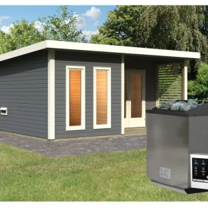 Saunahuis Mainburg 5 terragrijs 38 mm incl. Bio-Combi-kachel 9 kW + ext. besturing Koopje