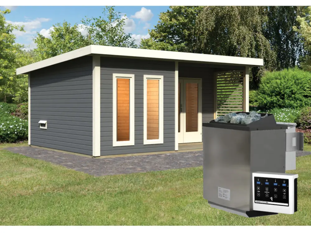 Saunahuis Mainburg 5 terragrijs 38 mm incl. Bio-Combi-kachel 9 kW + ext. besturing Koopje