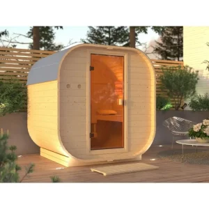 Barrelsauna Quadro 1, 38 mm, onbehandeld hout met bronzen volledig glazen deur Nieuw