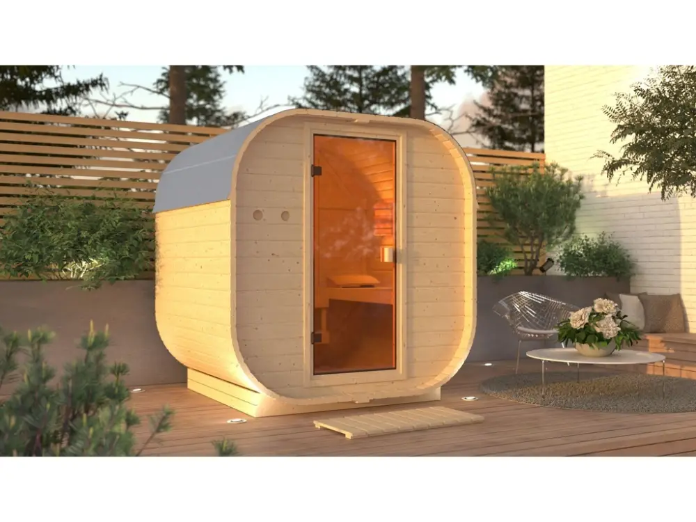 Barrelsauna Quadro 1, 38 mm, onbehandeld hout met bronzen volledig glazen deur Nieuw