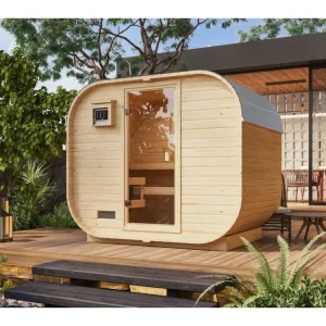 Barrelsauna Quadro 1 Plus 38 mm onbehandeld met gebronzeerde volledig glazen deur Merkproduct