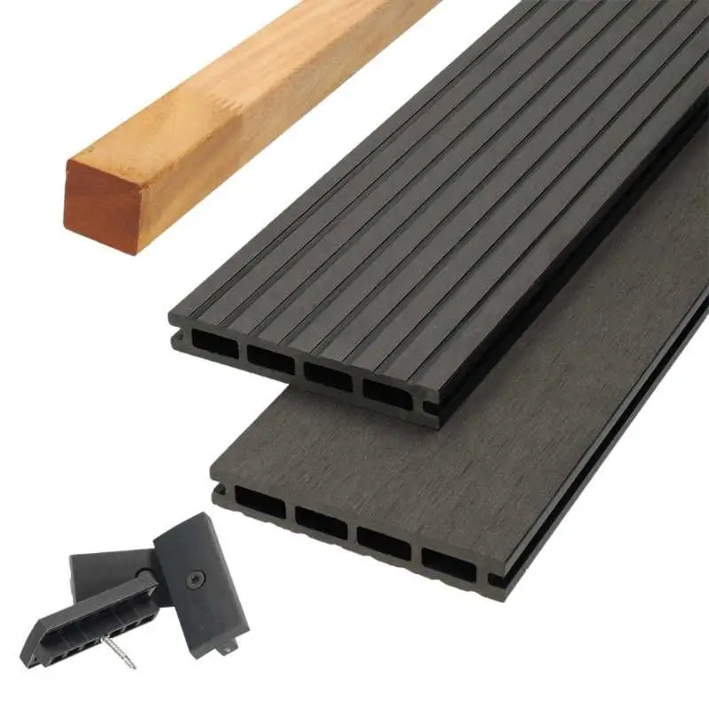 Betaalbaar Vlonder totaalpakket composiet 2,1 x 14 cm antraciet (3 mtr) vlak/grove ribbel