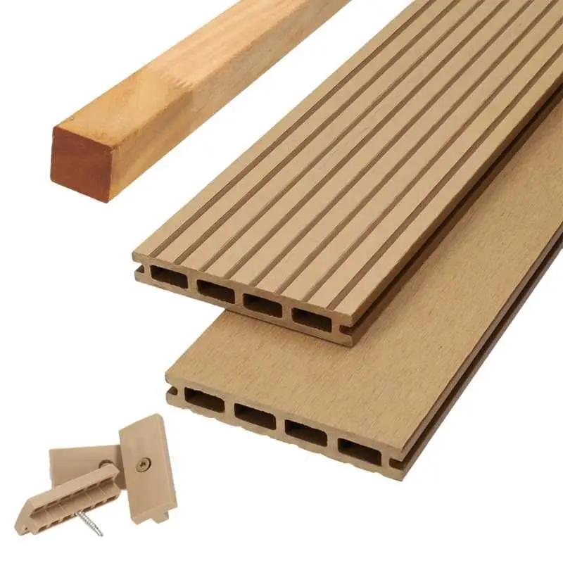 Korting Vlonder totaalpakket composiet 2,1 x 14 cm teak bruin (3 mtr) vlak/grove ribbel