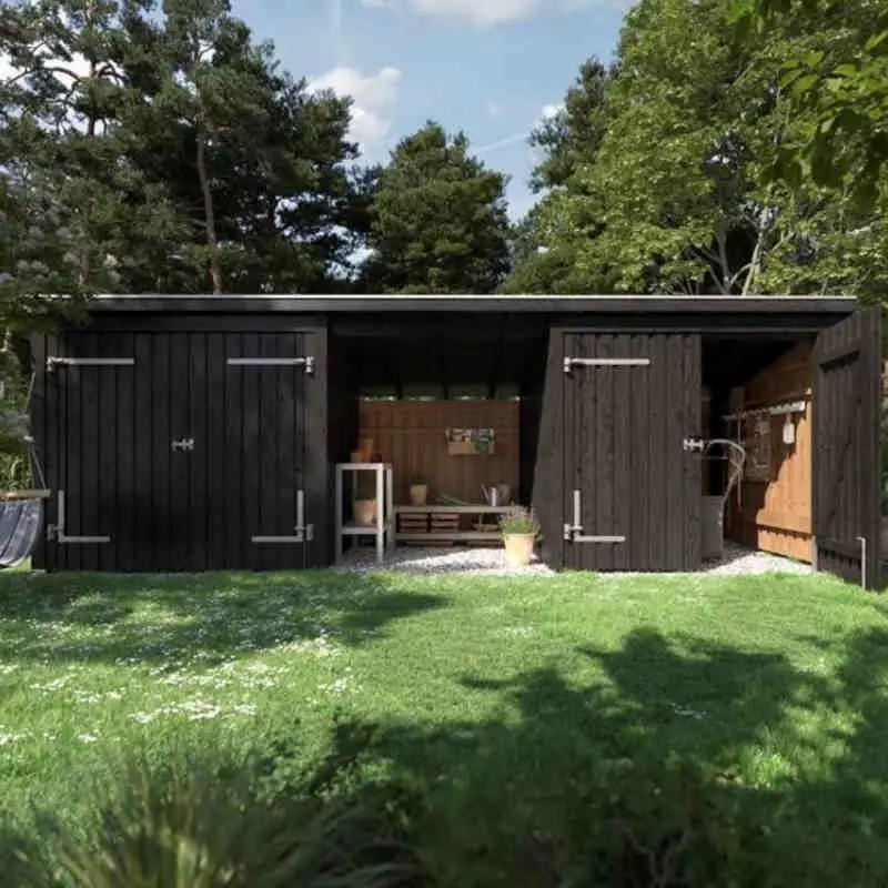 Uitverkoop Multi tuinhuis 2 dubbele deur/dicht/open compleet 14 m2 onbehandeld compleet 218 x 635 x 220 cm - Type C