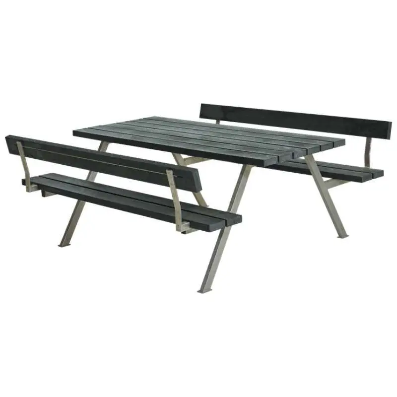 Direct Beschikbaar Picknicktafel gerecycled kunststof grijs - Alpha 2 rugleuningen 185 x 177 x 76 cm