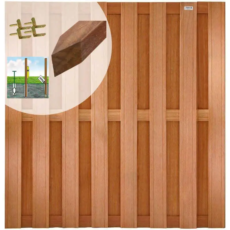 Schutting set hardhout Keruing Timber recht 15L rvs v-groef (7,63 meter) Nieuw
