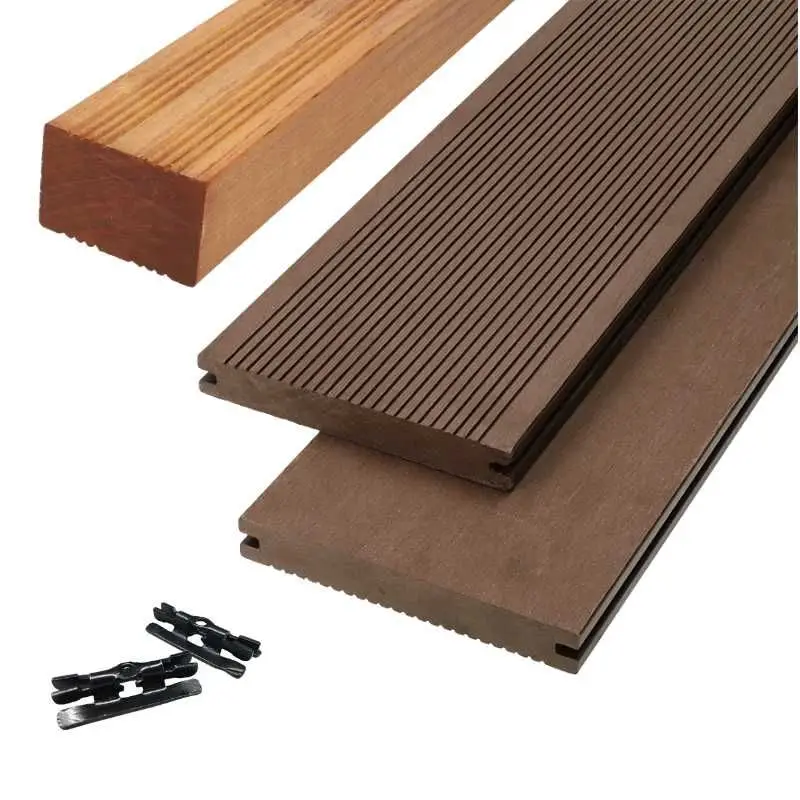 Gereduceerde Prijs Vlonder totaalpakket composiet massief 1,9 x 14 cm donker bruin (5 mtr) grove ribbel/vlak
