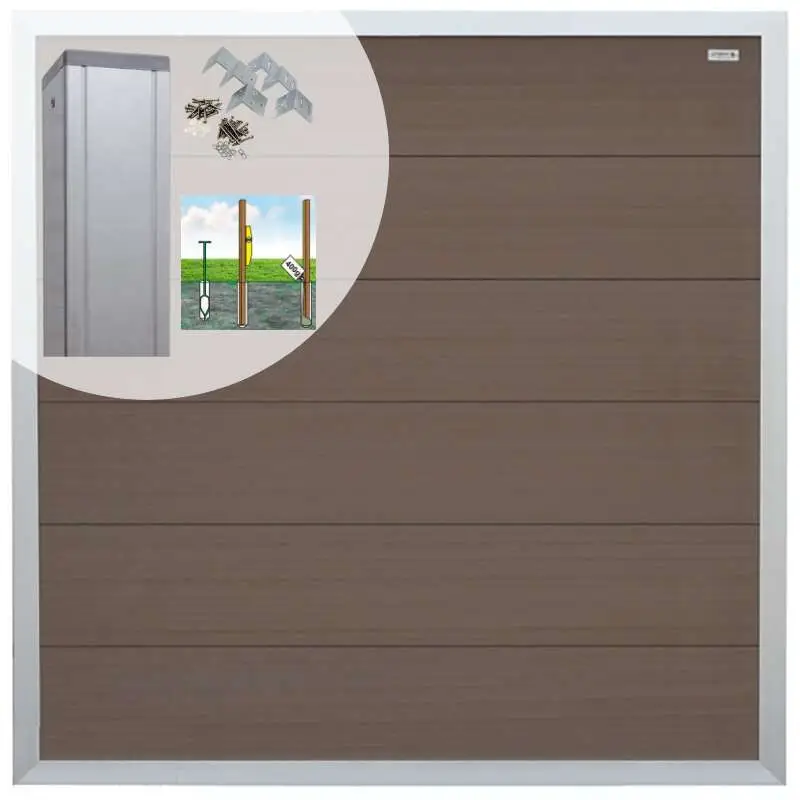 Gecertificeerd Schutting set composiet Forte bruin met blank aluminium kader (7,54 meter)
