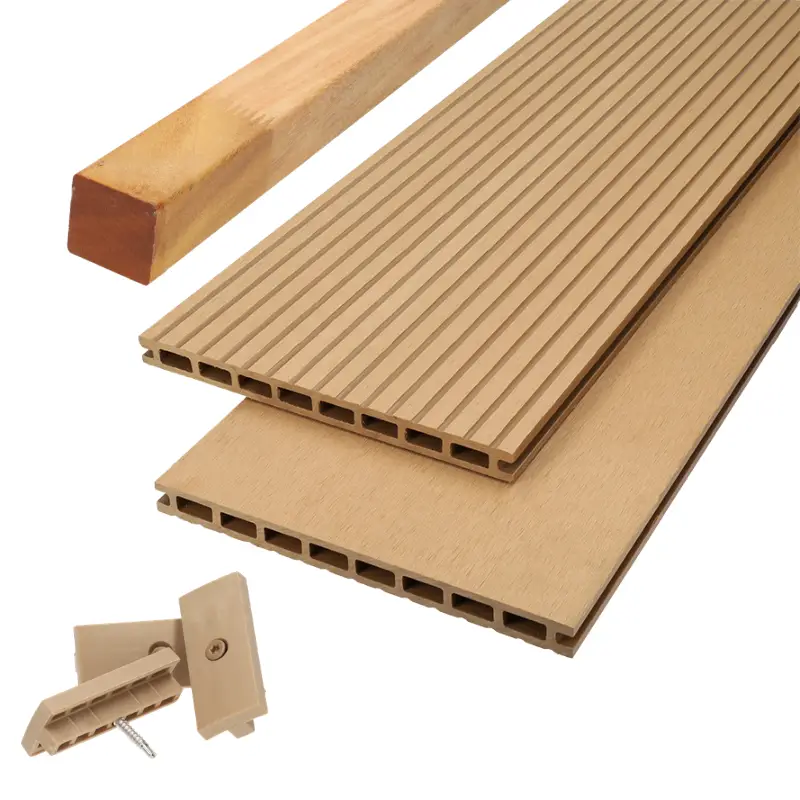 Vlonder totaalpakket composiet 2,1 x 25 cm - XXL teak bruin (4 mtr) vlak/grove ribbel Fabrieksprijs