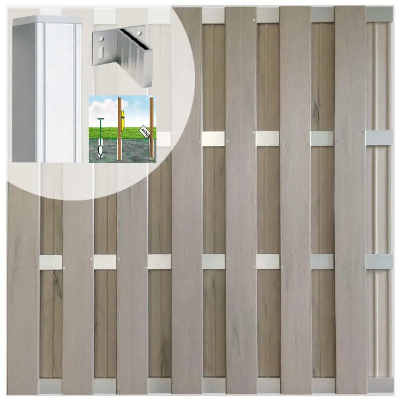 Dagaanbieding Schutting set composiet Bari steengrijs gevlamd met blank aluminium frame (7,54 meter)