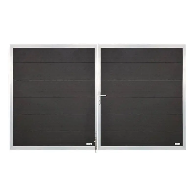 Dubbele poort composiet Forte antraciet met blank aluminium kader (300 x 180 cm) Op = Op