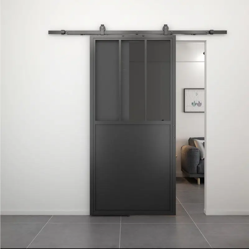 Op = Op Stalen schuifdeur - Loft - 3 vaks rookglas - kickplate - 215 x 100 cm