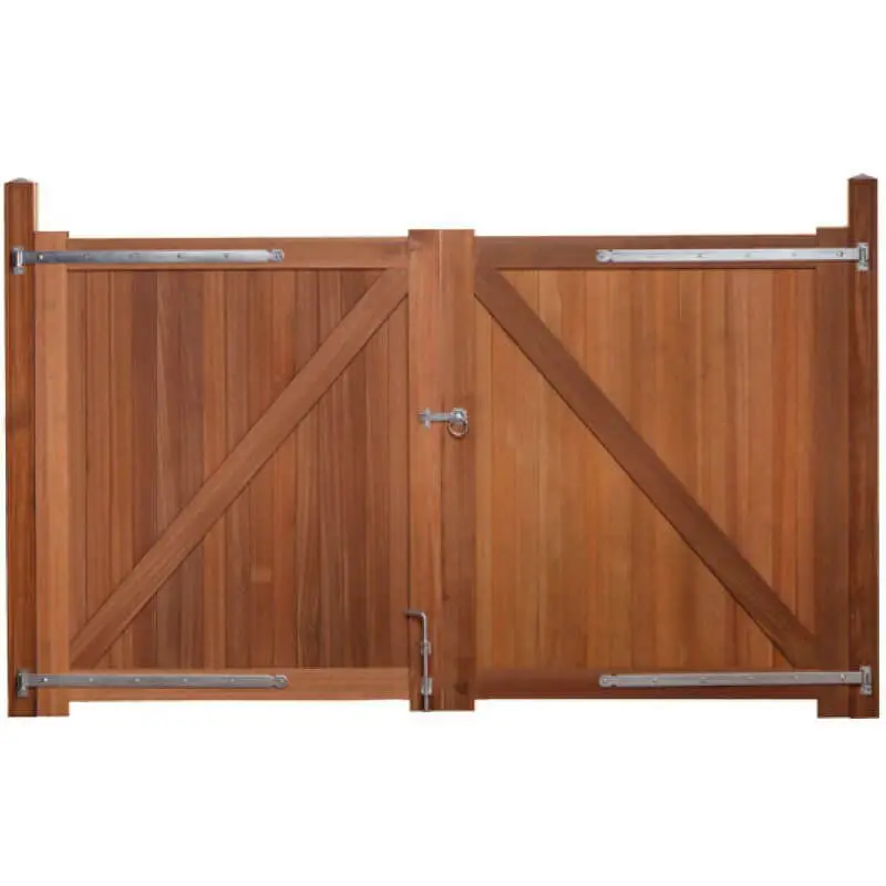 Aanbieding Dubbele poort hardhout bankirai Belmonte set incl. beslag en 2 palen en steunpiket (300 x 180 cm)