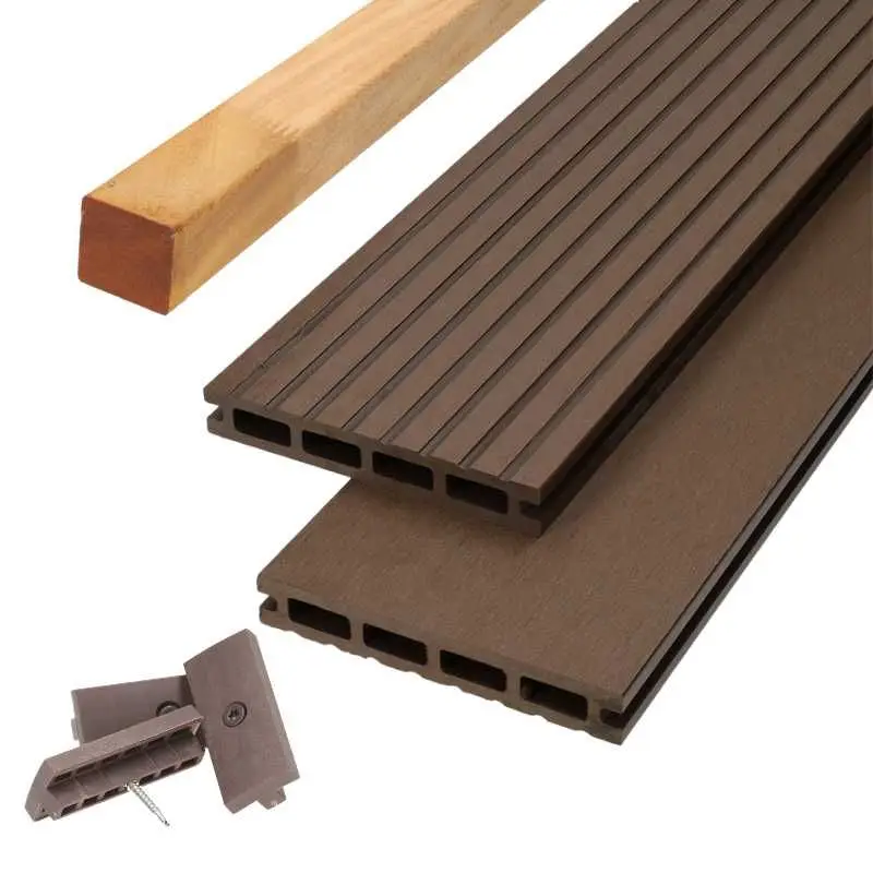 Vlonder totaalpakket composiet 2,1 x 14 cm donker bruin (4 mtr) vlak/grove ribbel Gereduceerde Prijs