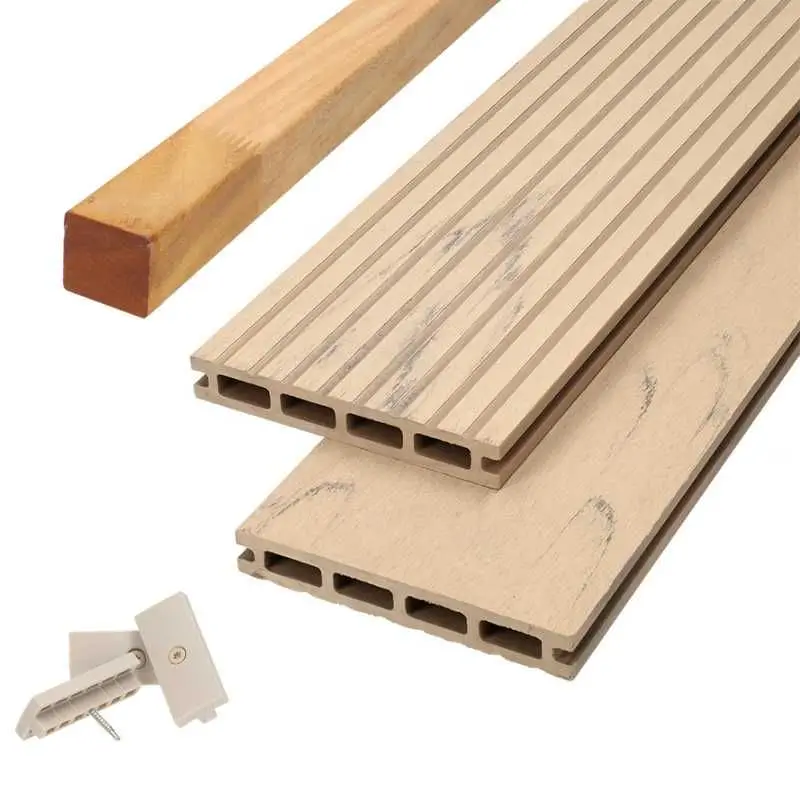 Vlonder totaalpakket composiet 2,1 x 14 cm steengrijs gevlamd (3 mtr) vlak/grove ribbel Bestel Nu