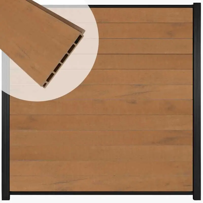 Zelfbouw schutting composiet Mix & Match bruinvlam - zwart alu accessoires (180 x 180 cm) Op = Op