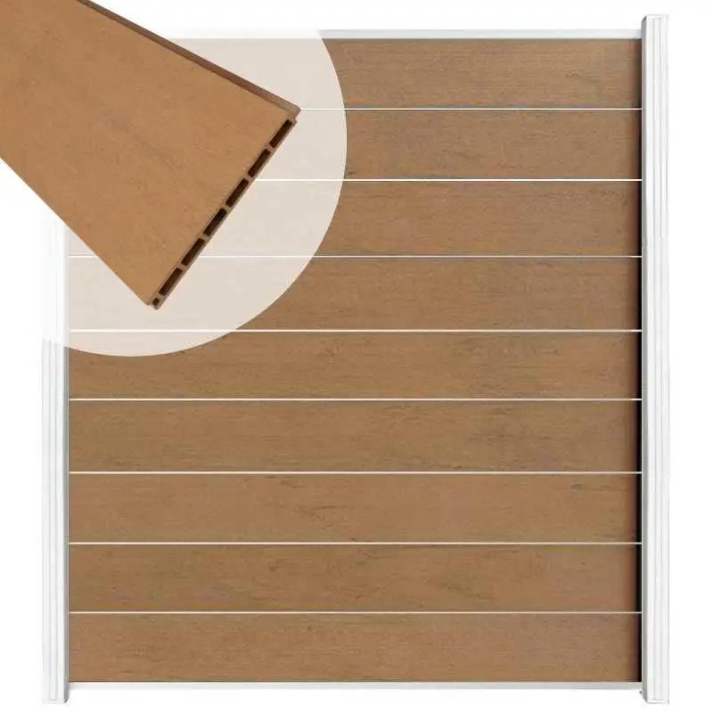 Zelfbouw schutting composiet Modular bruin gevlamd - wit alu accessoires (180 x 200 cm) Betrouwbaar